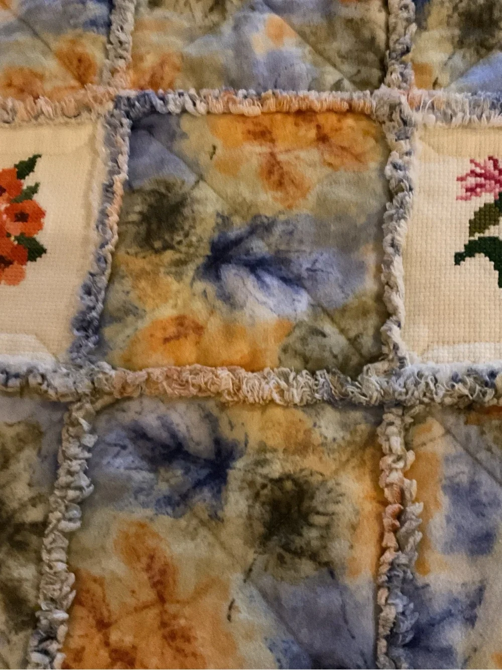 Vintage Handmade Floral Patchwork embroidered Quilt .